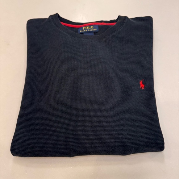 Polo Ralph Men’s Long Sleeve Shirt Waffle Knit Black 100% Cotton Red Pony - Picture 6 of 6